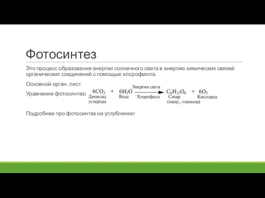 Фотосинтез Это процесс образования энергии солнечного света в энергию химических связей органических соединений