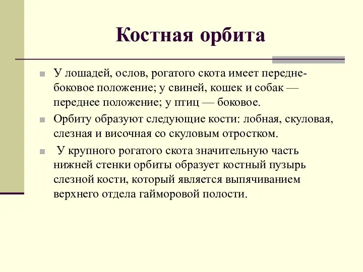 Костная орбита У лошадей, ослов, рогатого скота имеет передне-боковое положение; у свиней, кошек