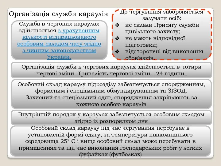 Служба в чергових караулах здійснюється з урахуванням кількості відпрацьованого особовим