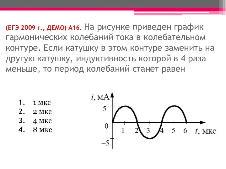 (ЕГЭ 2009 г., ДЕМО) А16. На рисунке приведен график гармонических колебаний тока в