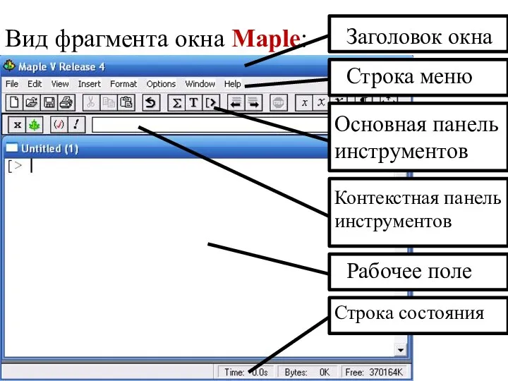 Вид фрагмента окна Maple: Заголовок окна Строка меню Основная панель