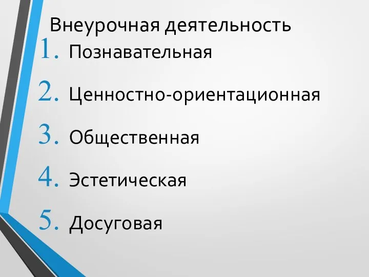 Внеурочная деятельность Познавательная Ценностно-ориентационная Общественная Эстетическая Досуговая