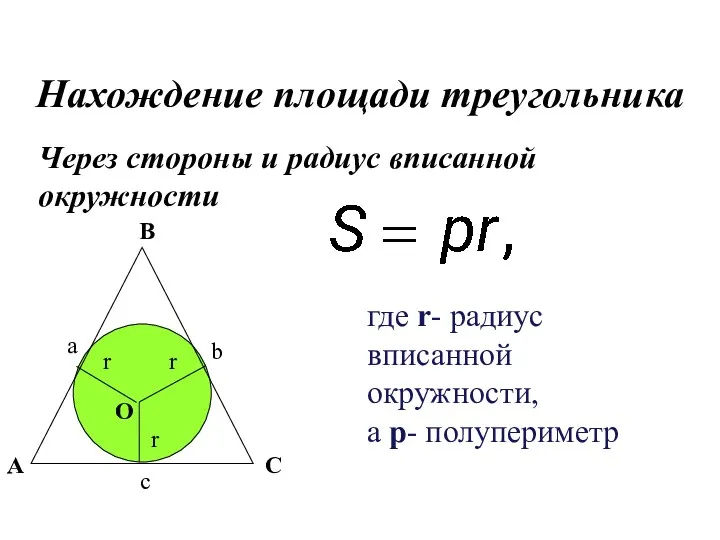 Через стороны и радиус вписанной окружности где r- радиус вписанной