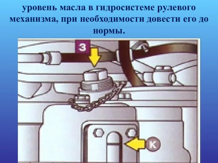 уровень масла в гидросистеме рулевого механизма, при необходимости довести его до нормы.