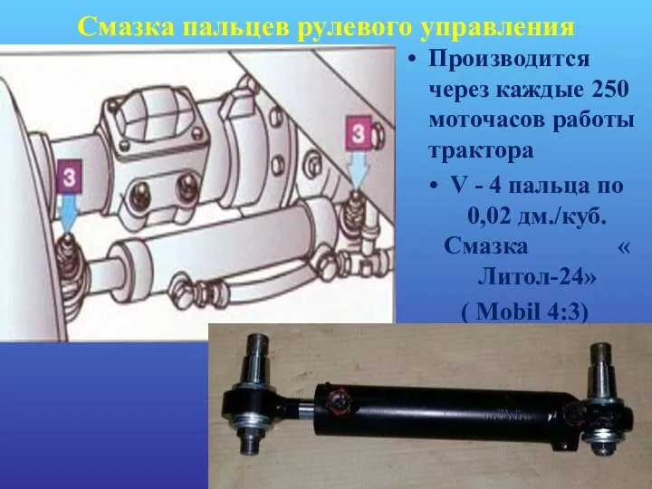 Смазка пальцев рулевого управления Производится через каждые 250 моточасов работы