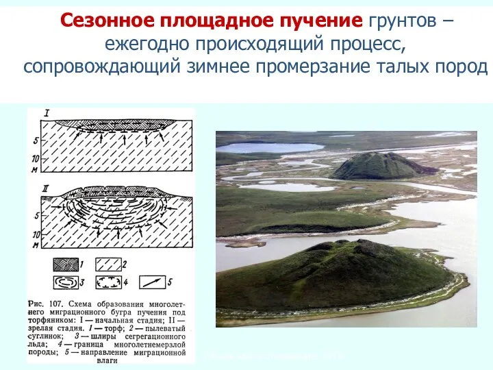 Сезонное площадное пучение грунтов – ежегодно происходящий процесс, сопровождающий зимнее промерзание талых пород Общее мерзлотоведение, 1978