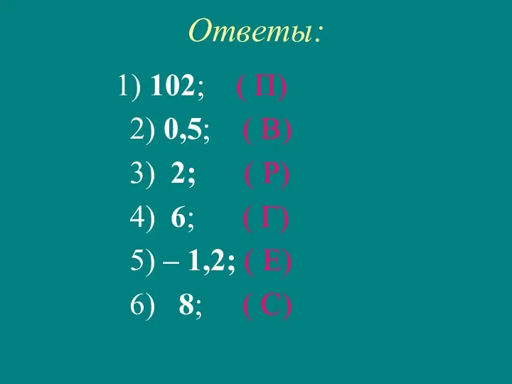 Ответы: 1) 102; ( П) 2) 0,5; ( В) 3)