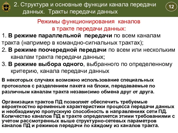 Учебные вопросы Режимы функционирования каналов в тракте передачи данных: 1.