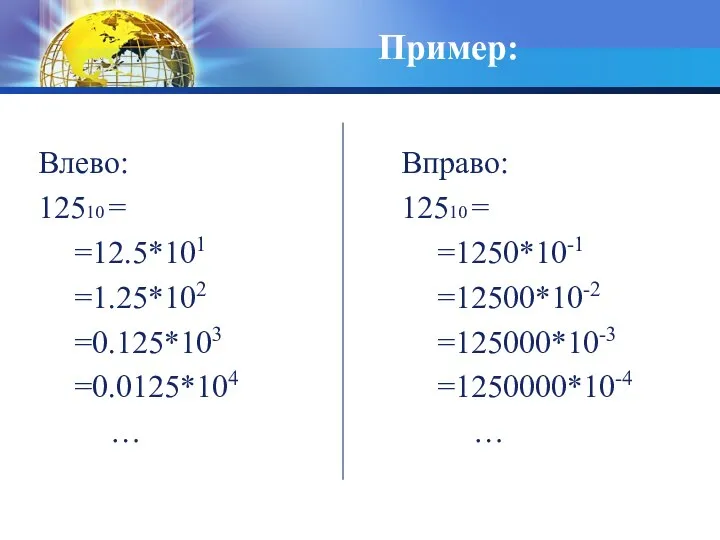 Пример: Влево: 12510 = =12.5*101 =1.25*102 =0.125*103 =0.0125*104 … Вправо: