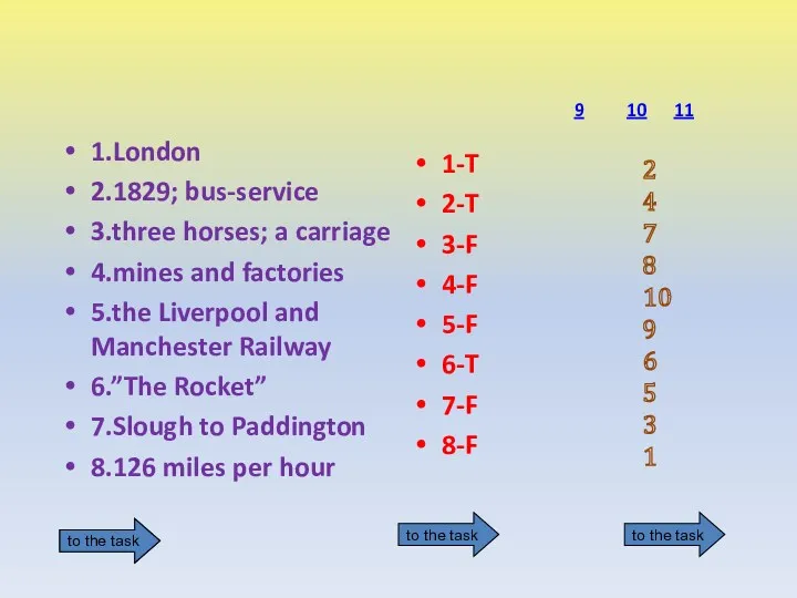 1.London 2.1829; bus-service 3.three horses; a carriage 4.mines and factories