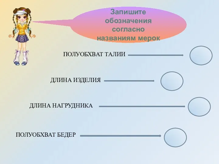 ПОЛУОБХВАТ БЕДЕР ДЛИНА НАГРУДНИКА ДЛИНА ИЗДЕЛИЯ ПОЛУОБХВАТ ТАЛИИ Запишите обозначения согласно названиям мерок