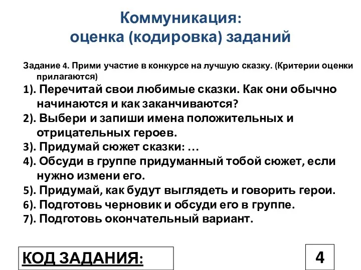 Коммуникация: оценка (кодировка) заданий КОД ЗАДАНИЯ: 4 Задание 4. Прими