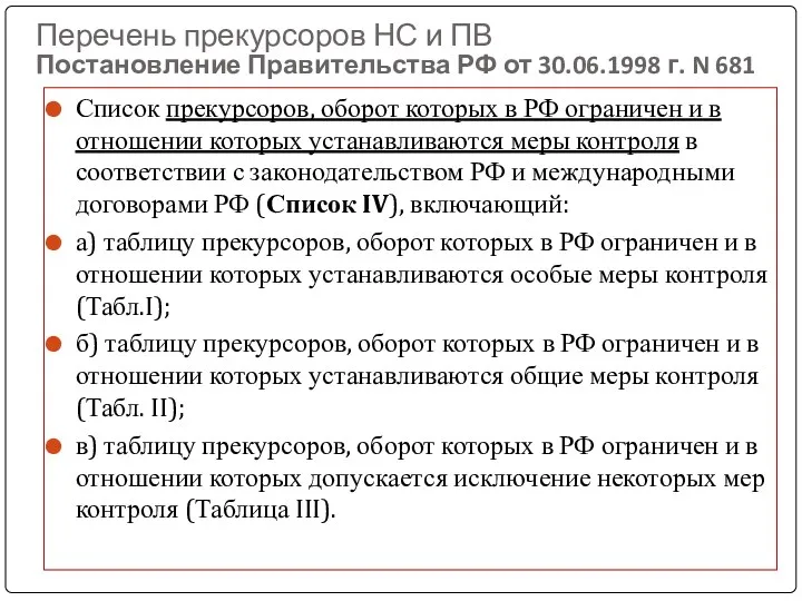 Перечень прекурсоров НС и ПВ Постановление Правительства РФ от 30.06.1998