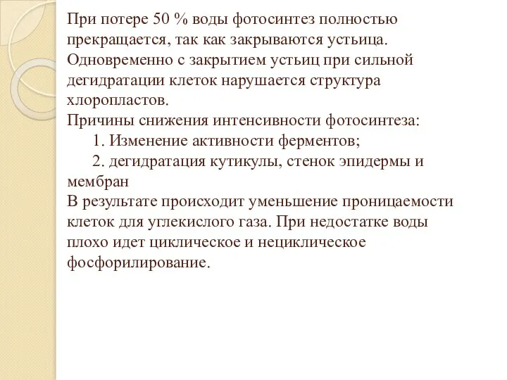 При потере 50 % воды фотосинтез полностью прекращается, так как