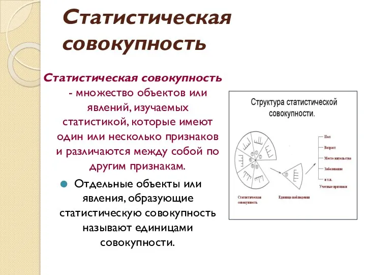 Статистическая совокупность Статистическая совокупность - множество объектов или явлений, изучаемых