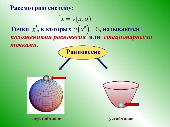 Рассмотрим систему: Точки , в которых , называются положениями равновесия или стационарными точками. неустойчивое устойчивое