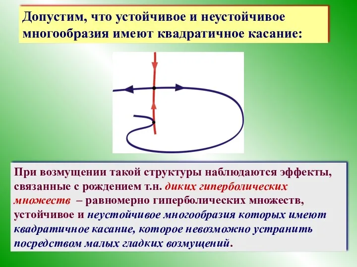 Допустим, что устойчивое и неустойчивое многообразия имеют квадратичное касание: При