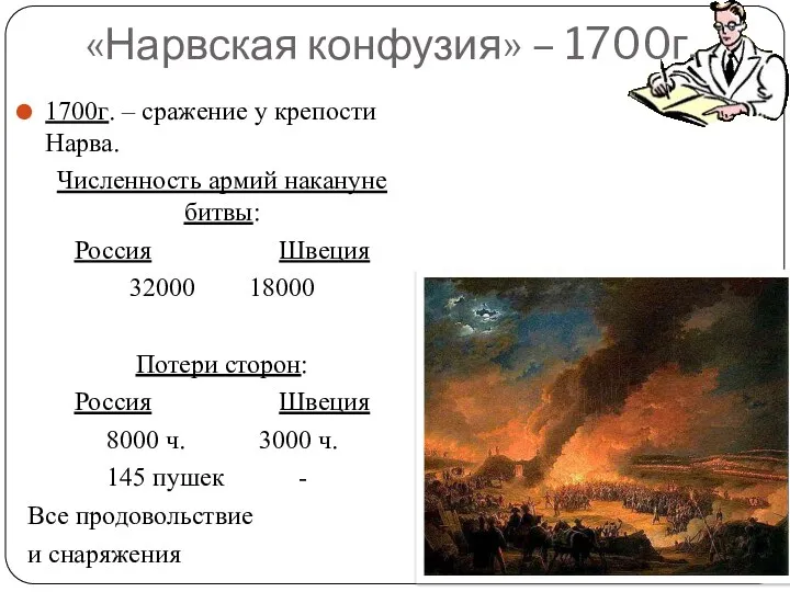 «Нарвская конфузия» – 1700г. 1700г. – сражение у крепости Нарва.