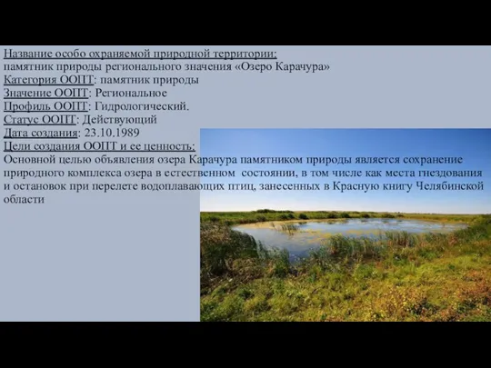 Название особо охраняемой природной территории: памятник природы регионального значения «Озеро