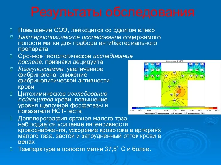 Результаты обследования Повышение СОЭ, лейкоцитоз со сдвигом влево Бактериологическое исследование содержимого полости матки