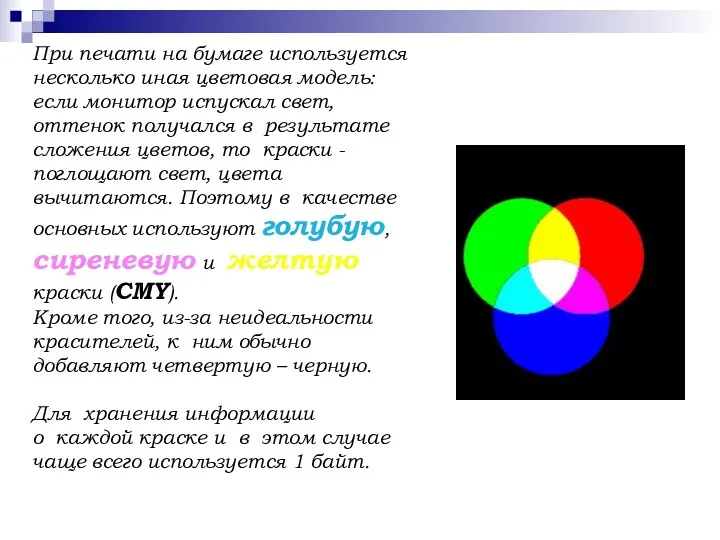При печати на бумаге используется несколько иная цветовая модель: если монитор испускал свет,