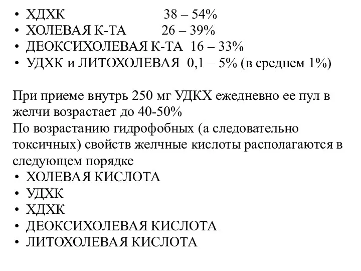 ХДХК 38 – 54% ХОЛЕВАЯ К-ТА 26 – 39% ДЕОКСИХОЛЕВАЯ