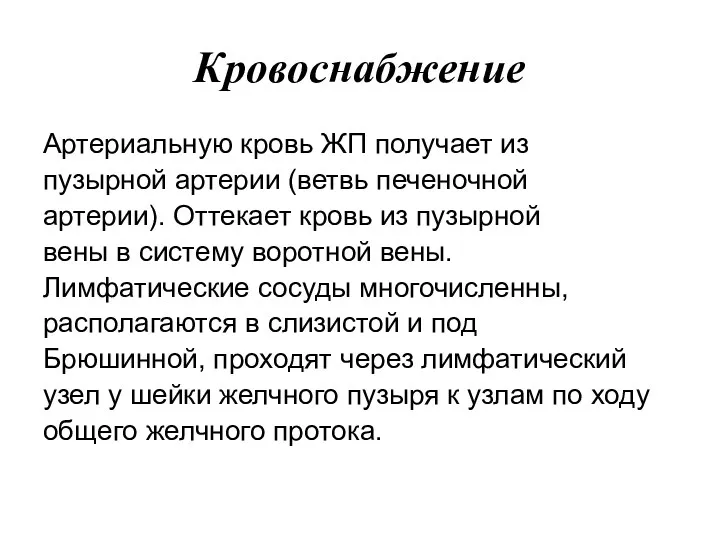 Кровоснабжение Артериальную кровь ЖП получает из пузырной артерии (ветвь печеночной