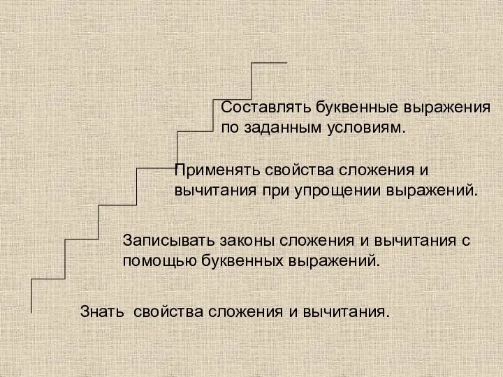 Знать свойства сложения и вычитания. Записывать законы сложения и вычитания