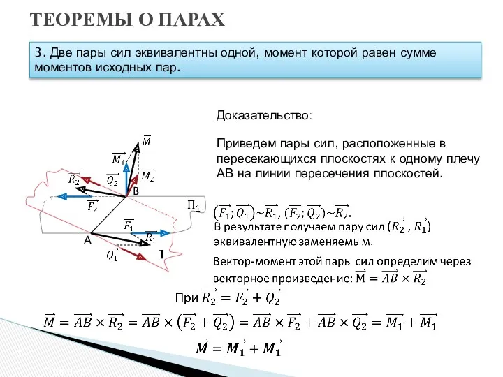 ТЕОРЕМЫ О ПАРАХ Пара сил 3. Две пары сил эквивалентны одной, момент которой