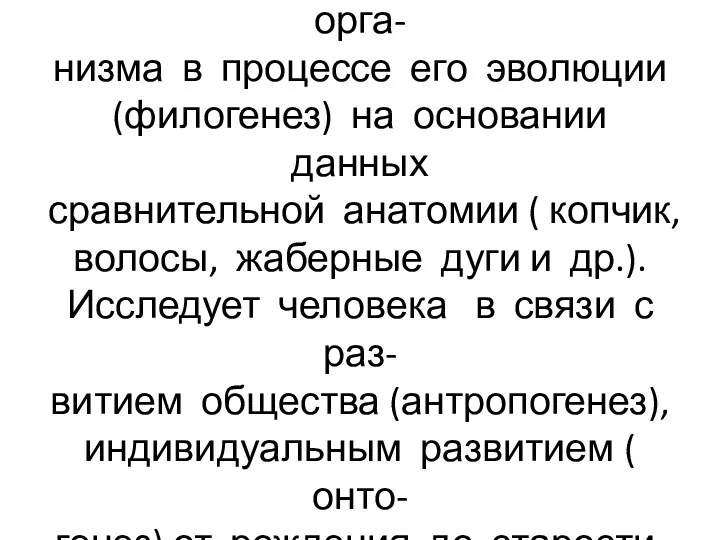 Анатомия изучает развитие орга- низма в процессе его эволюции (филогенез)