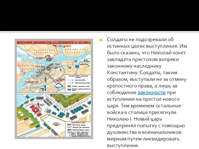 Солдаты не подозревали об истинных целях выступления. Им было сказано, что Николай хочет