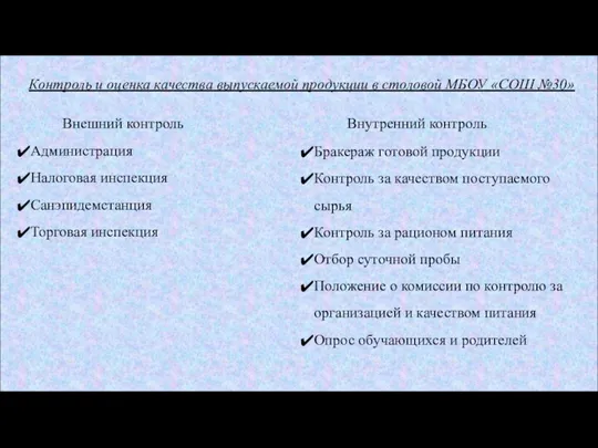 Контроль и оценка качества выпускаемой продукции в столовой МБОУ «СОШ