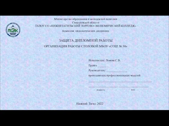 Министерство образования и молодежной политики Свердловской области ГАПОУ СО «НИЖНЕТАГИЛЬСКИЙ