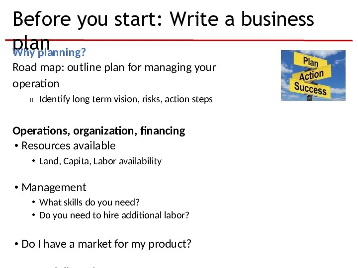 Before you start: Write a business plan Why planning? Road