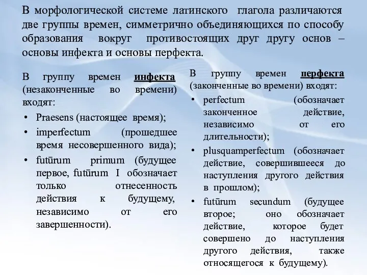 В морфологической системе латинского глагола различаются две группы времен, симметрично