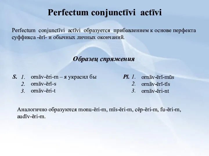 Perfectum conjunctīvi actīvi Perfectum conjunctīvi actīvi образуется прибавлением к основе перфекта суффикса -ĕrĭ-