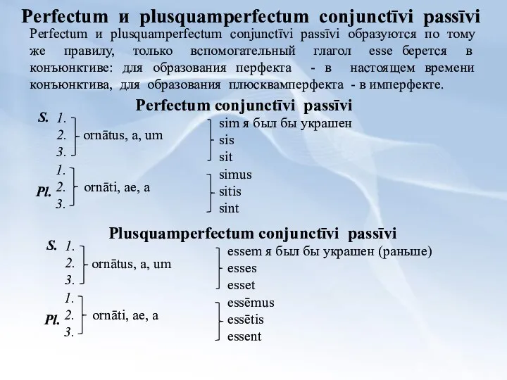 Perfectum и plusquamperfectum conjunctīvi passīvi Perfectum и plusquamperfectum conjunctīvi passīvi образуются по тому