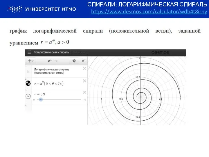 СПИРАЛИ: ЛОГАРИФМИЧЕСКАЯ СПИРАЛЬ https://www.desmos.com/calculator/wdb4t8irny