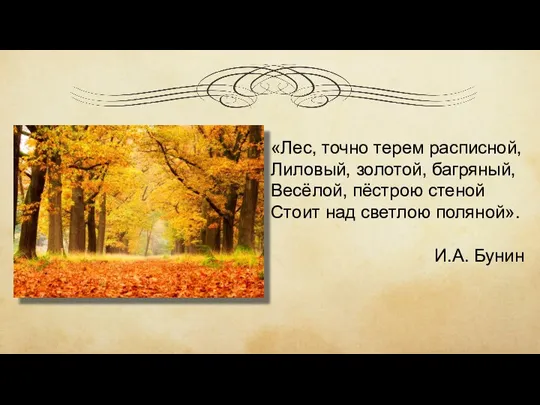 «Лес, точно терем расписной, Лиловый, золотой, багряный, Весёлой, пёстрою стеной Стоит над светлою поляной». И.А. Бунин