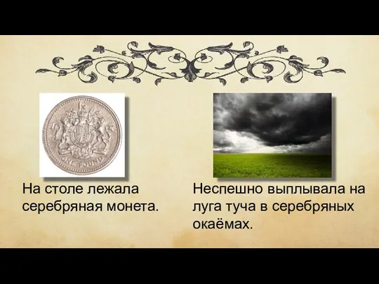 На столе лежала серебряная монета. Неспешно выплывала на луга туча в серебряных окаёмах.