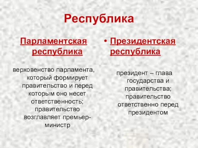 Республика Парламентская республика верховенство парламента, который формирует правительство и перед