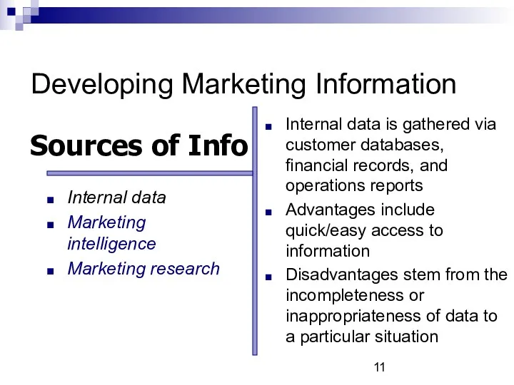 Developing Marketing Information Internal data is gathered via customer databases,