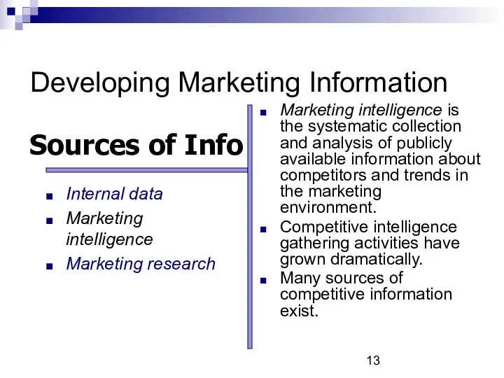 Developing Marketing Information Marketing intelligence is the systematic collection and