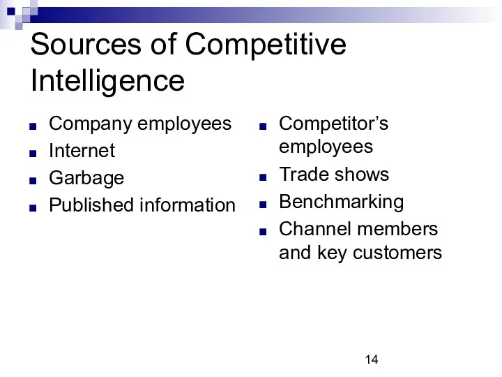 Sources of Competitive Intelligence Company employees Internet Garbage Published information