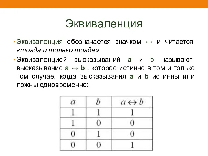 Эквиваленция Эквиваленция обозначается значком ↔ и читается «тогда и только