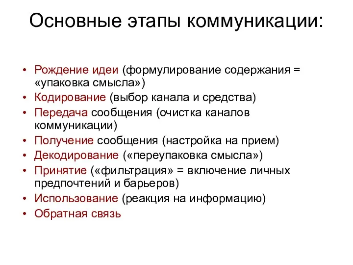 Основные этапы коммуникации: Рождение идеи (формулирование содержания = «упаковка смысла»)