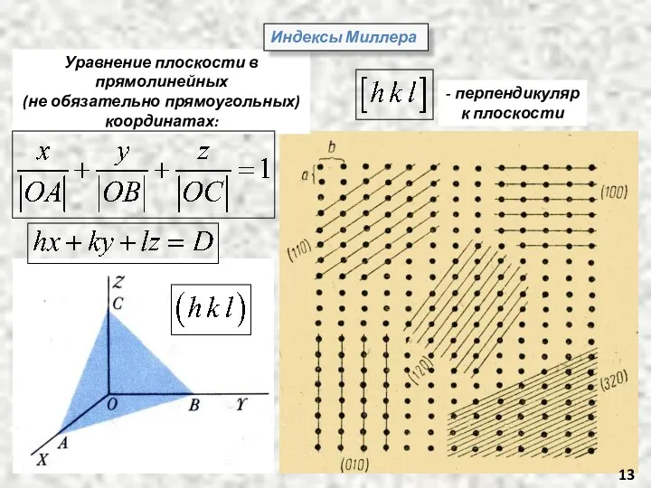 Уравнение плоскости в прямолинейных (не обязательно прямоугольных) координатах: Индексы Миллера - перпендикуляр к плоскости