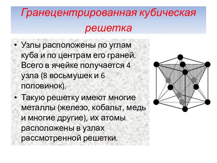 Гранецентрированная кубическая решетка Узлы расположены по углам куба и по центрам его граней.