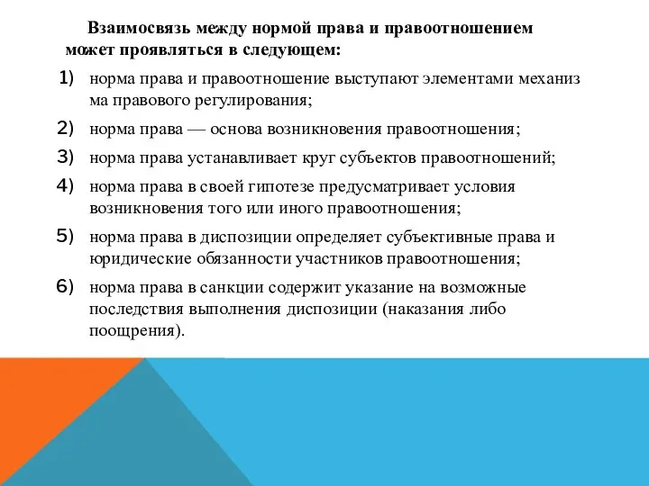 Взаимосвязь между нормой права и правоотношением может про­являться в следующем: