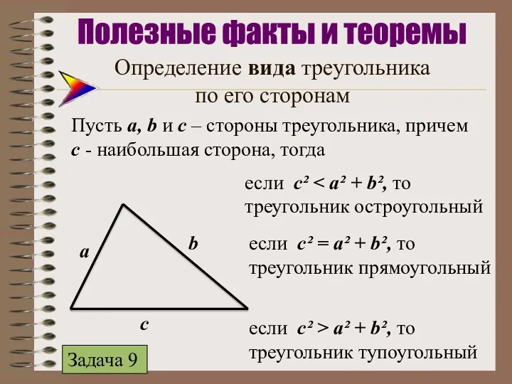 Определение вида треугольника по его сторонам Пусть а, b и